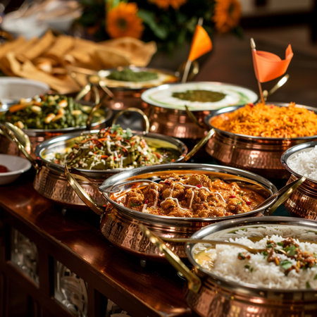 Assortment of Indian food in copper bowls on a wooden table.の素材