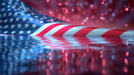3D rendering of American flag with reflect on water surface and bokeh backgroundの素材