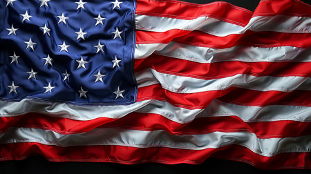 Closeup of crumpled United States of America flag on black backgroundの素材