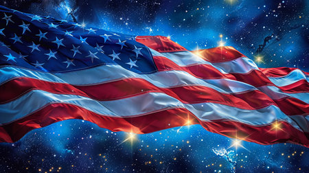 American flag waving in the night sky with stars and space. 3d renderingの素材