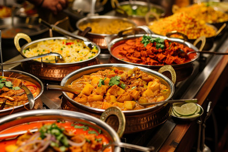 Variety of Indian food in metal plates on display at a restaurantの素材