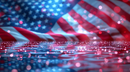 American flag with ripples and bokeh effect. 3d renderingの素材