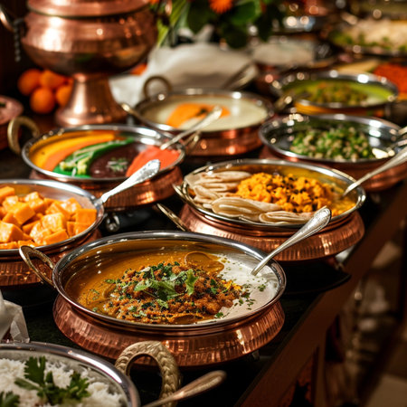 Traditional indian food in copper dishes on the table. Selective focus.の素材