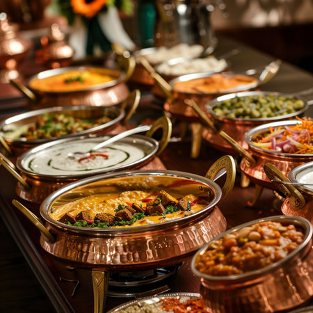 Indian cuisine. Assortment of different dishes in copper bowls on tableの素材