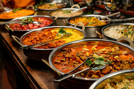 Assortment of indian food in metal bowls on counter in restaurantの素材