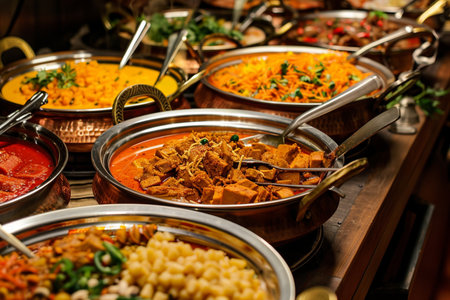 variety of indian food in stainless steel bowls at buffet restaurantの素材