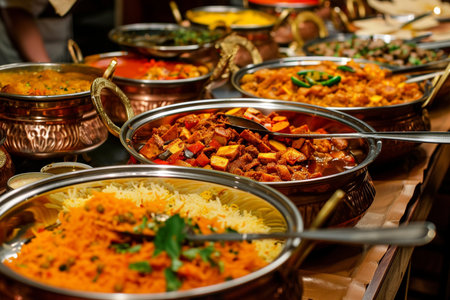 Traditional indian food on display at a street food market in Indiaの素材
