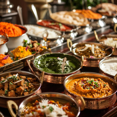 Variety of Indian dishes in a restaurant. Assortment of Indian dishes.の素材