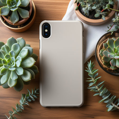 Smartphone with blank screen and succulent plants on wooden table.の素材