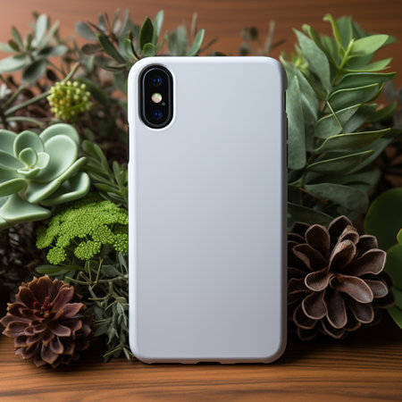 Smartphone with blank screen and succulents on wooden background. 3d renderの素材