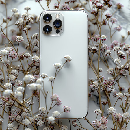 Smartphone with blank screen on the background of white gypsophila flowersの素材