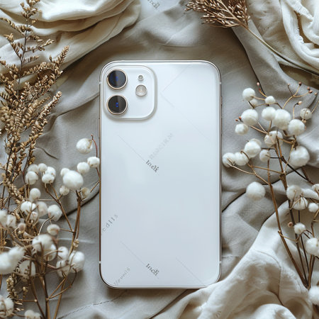 Smartphone mockup with blank screen on bed with cotton flowers.の素材