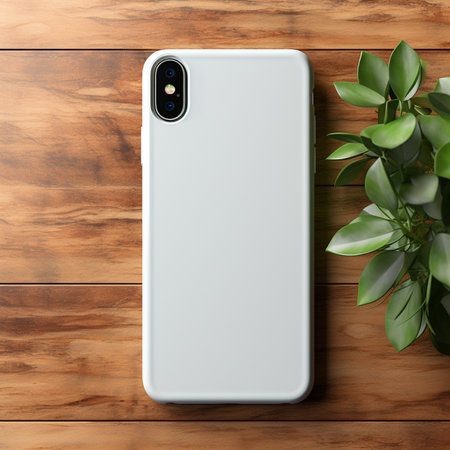 Smartphone mockup on wooden background. 3d illustration. Top view.の素材