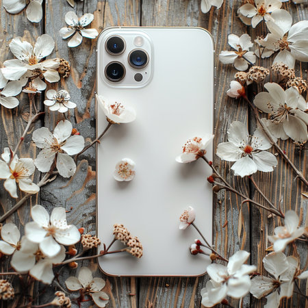 Top view of smartphone with blank screen and spring flowers on wooden backgroundの素材