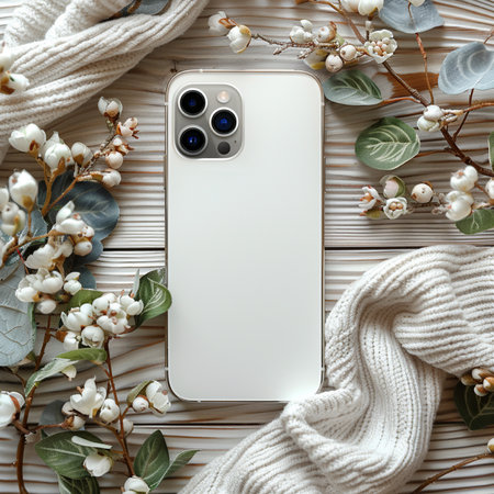 Smartphone with blank screen mockup, white knitted scarf and gypsophila flowers on wooden background. Flat lay, top view.の素材