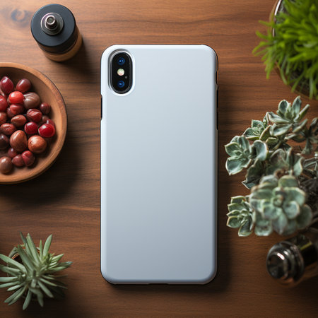 Smartphone with blank screen on a wooden table. Top view.の素材