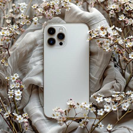 Smartphone with blank screen on a background of blooming spring branches.の素材