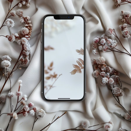 Smartphone with blank screen on white fabric background. Mockup for designの素材