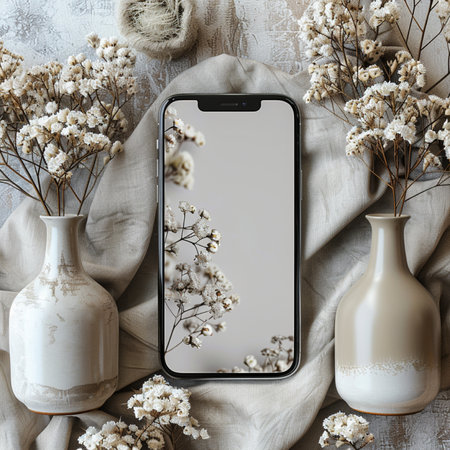 Smartphone with blank screen, vases and gypsophila flowers on linen background. Mockup.の素材