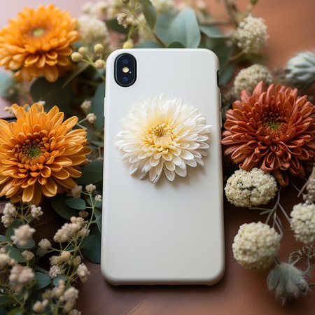 Smartphone with a white screen and flowers on a wooden background.の素材