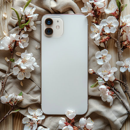 Smartphone with blank screen and blooming branches on wooden background. Flat lay, top view.の素材