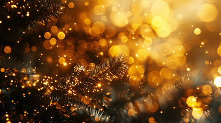 Christmas tree branches with golden bokeh lights, close-upの素材