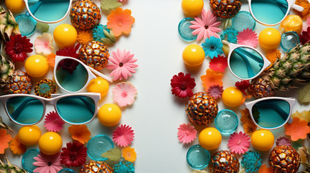 Colorful sunglasses and tropical flowers on white background. Flat lay, top viewの素材