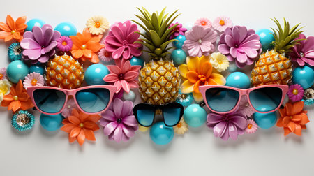 Flowers, pineapples and sunglasses on a white background.の素材
