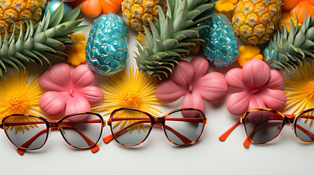 Pineapples and glasses on white background. 3d illustrationの素材