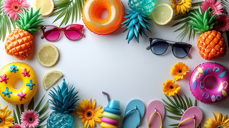 Summer flat lay background with pineapple, sunglasses and flip flops.の素材