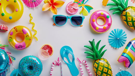 Summer holiday background. Colorful inflatable rings, pineapple and sunglasses on white backgroundの素材
