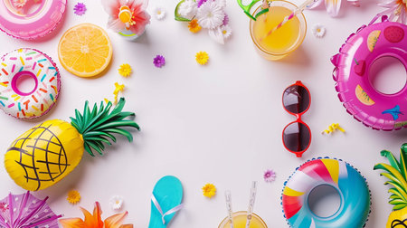 Summer flat lay background with pineapple, sunglasses, inflatable ring, lemon and cocktail on whiteの素材
