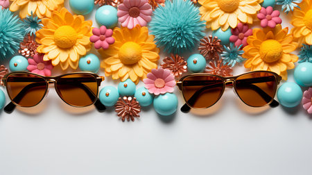 Retro sunglasses and flowers on white background with space for text.の素材