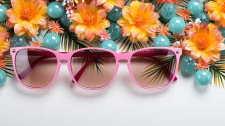 sunglasses and flowers on white background,vintage style,selective focusの素材