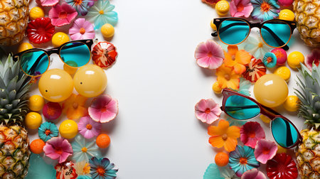 Top view of sunglasses and tropical flowers on white background, flat layの素材