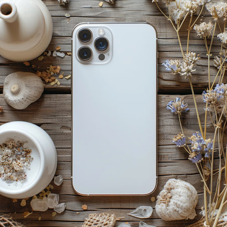 Smartphone with blank screen for mockup on wooden background, top viewの素材