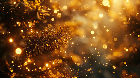 Golden Christmas background with bokeh defocused lights and snowflakesの素材
