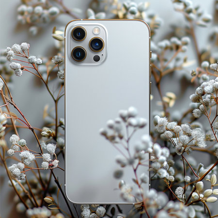 Smartphone with a white screen on a background of dried flowers.の素材