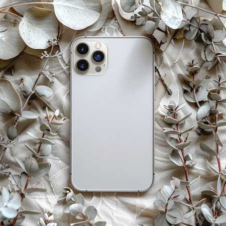 Smartphone mockup with blank screen and eucalyptus branches.の素材