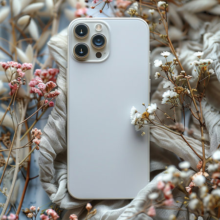 Smartphone with blank screen on the background of gypsophila flowersの素材