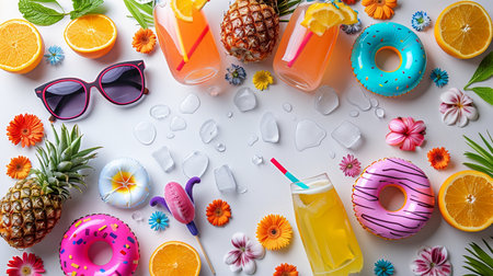 Colorful summer flat lay with orange juice, donut, sunglasses, flowers and fruits on white backgroundの素材