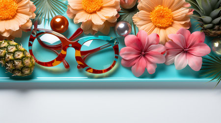 Flat lay composition with tropical flowers, glasses and accessories on white backgroundの素材
