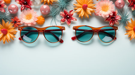 Top view of sunglasses and flowers on blue background with copy space.の素材
