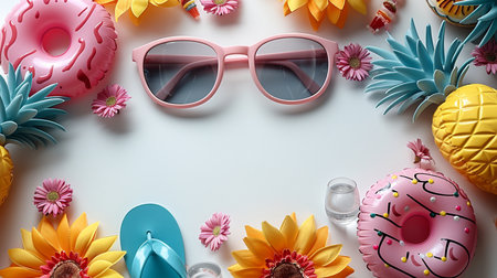 Flat lay summer composition with sunglasses, donut and pineapple on white backgroundの素材