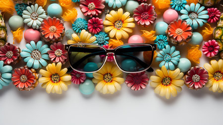 Retro sunglasses and colorful flowers on white background. Top view.の素材