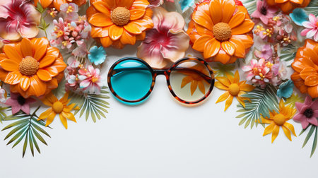 Top view of sunglasses and flowers on white background with copy space.の素材
