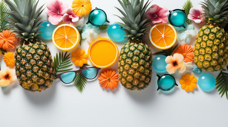 Flat lay composition with tropical fruits and glasses on white background, top viewの素材