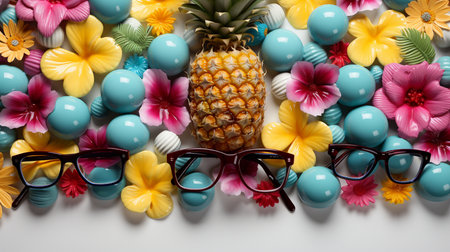 Pineapple, glasses and colorful flowers on white background, top viewの素材