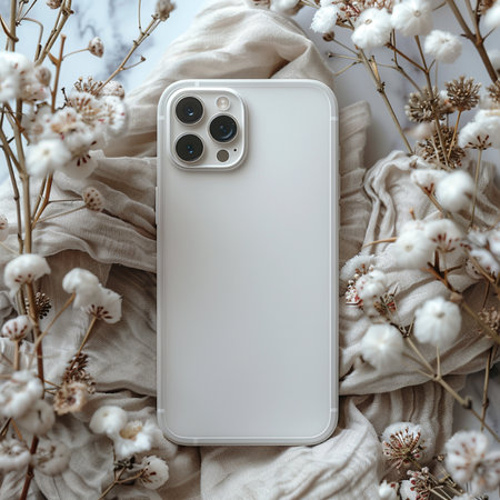 Smartphone mockup with blank screen and cotton flowers on white backgroundの素材