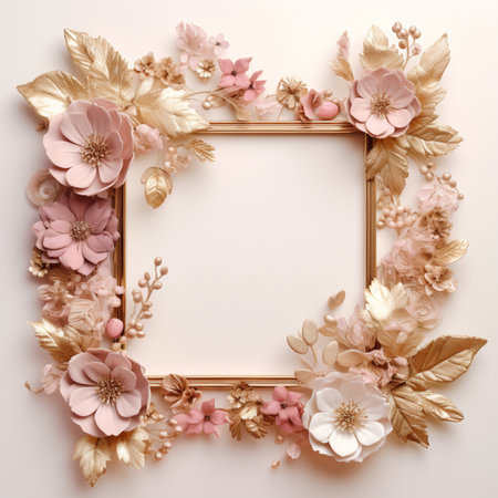 Beautiful vintage floral frame on white background. Flat lay, top view.の素材